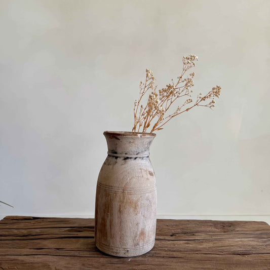 Antique Neutral Wooden Vase | Farmhouse Boho Home Decor | Tabletop Shelf Decor | Wabi Sabi Vase