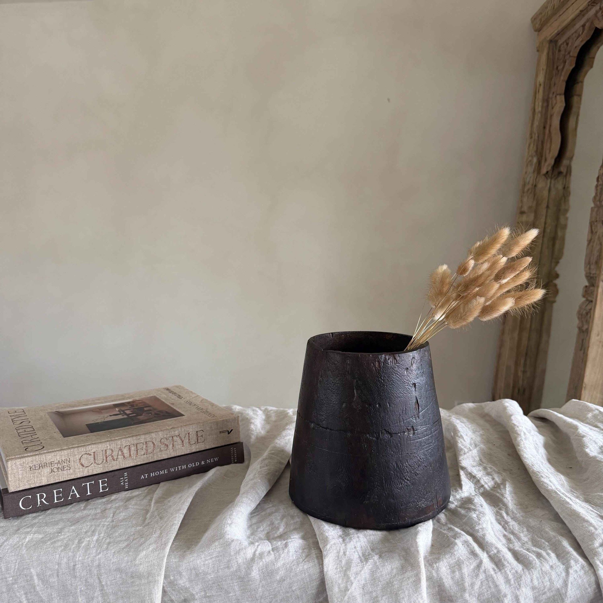 Vintage Wooden 7" Planter, Rustic Teak Pot, Antique Wooden Vase