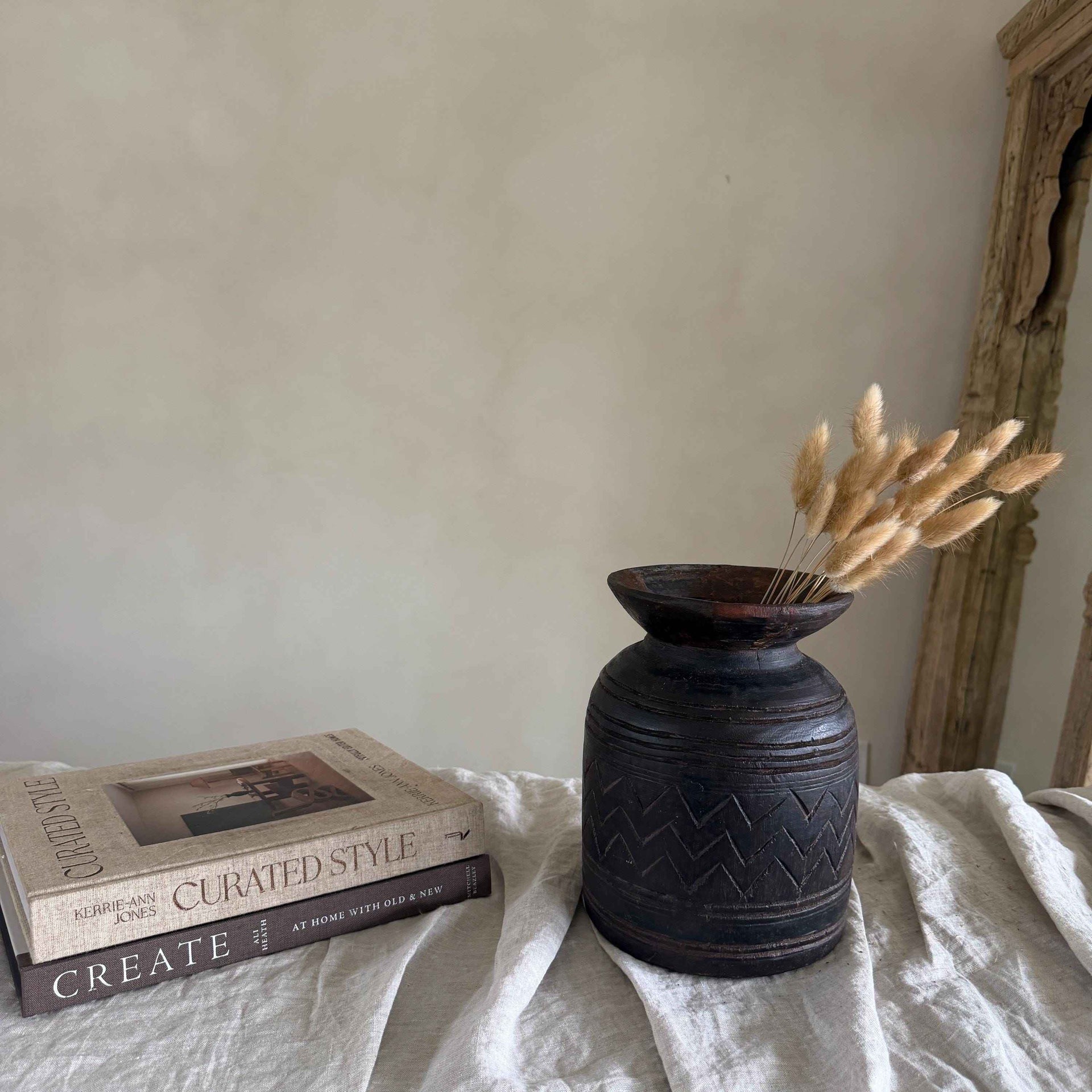 Vintage Wooden 9" Planter, Rustic Teak Pot, Antique Wooden Vase