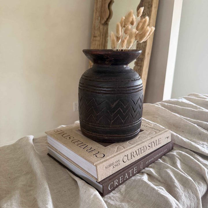 Vintage Wooden 9" Planter, Rustic Teak Pot, Antique Wooden Vase
