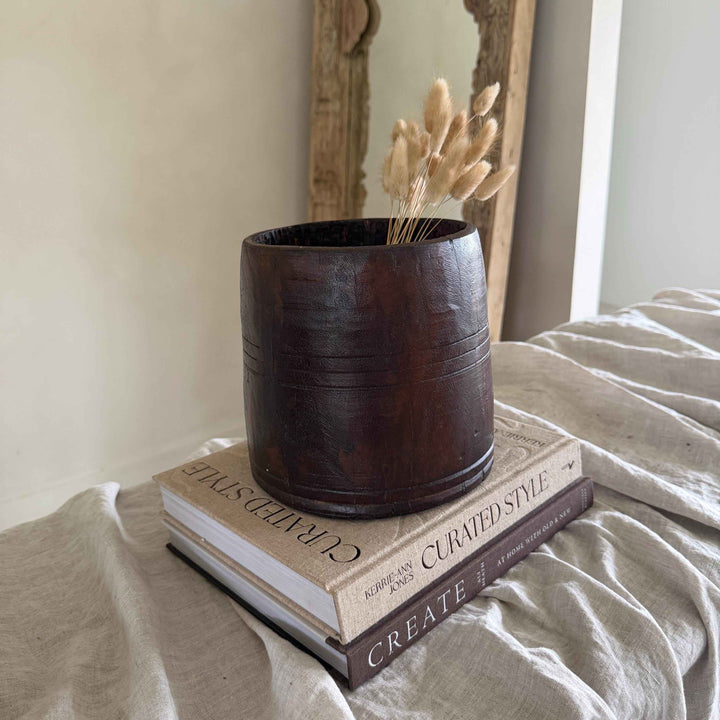 Vintage Wooden 7.5" Planter, Rustic Teak Pot, Antique Wooden Vase