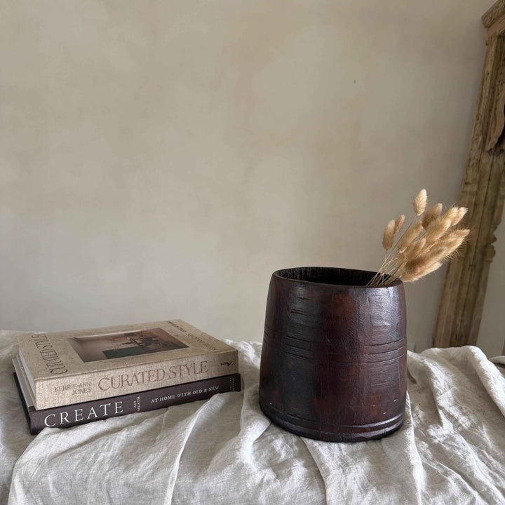 Vintage Wooden 7.5" Planter, Rustic Teak Pot, Antique Wooden Vase