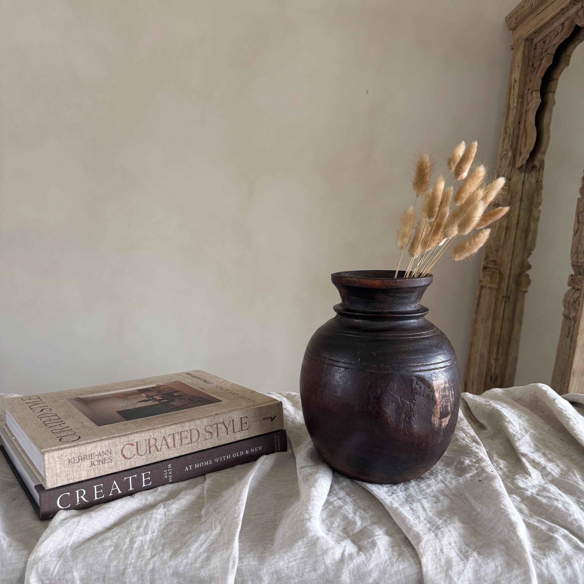 Vintage Wooden 9" Planter, Rustic Teak Pot, Antique Wooden Vase