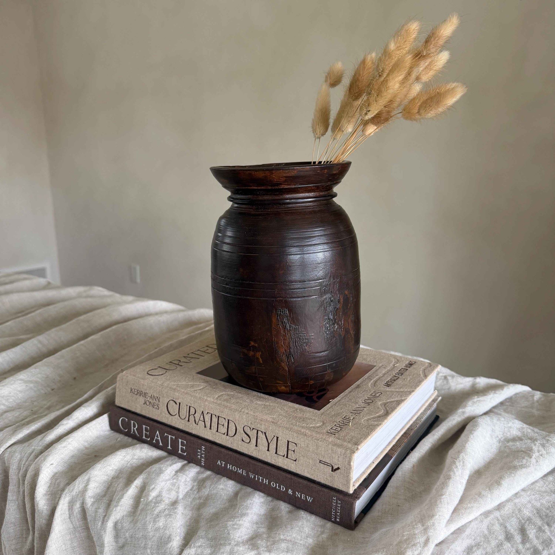 Vintage Wooden 9" Planter, Rustic Teak Pot, Antique Wooden Vase