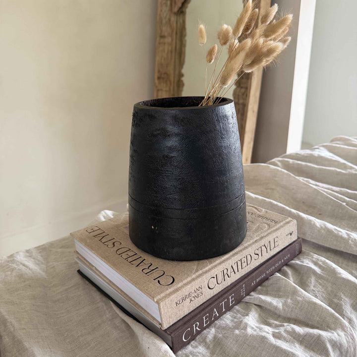 Vintage Wooden 7.5" Planter, Rustic Teak Pot, Antique Wooden Vase