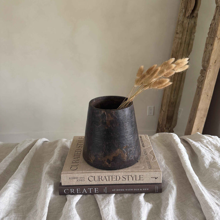 Vintage Wooden 7" Planter, Rustic Teak Pot, Antique Wooden Vase