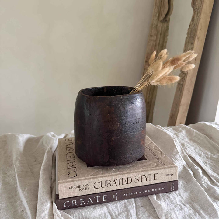Vintage Wooden 6.2" Planter, Rustic Teak Pot, Antique Wooden Vase