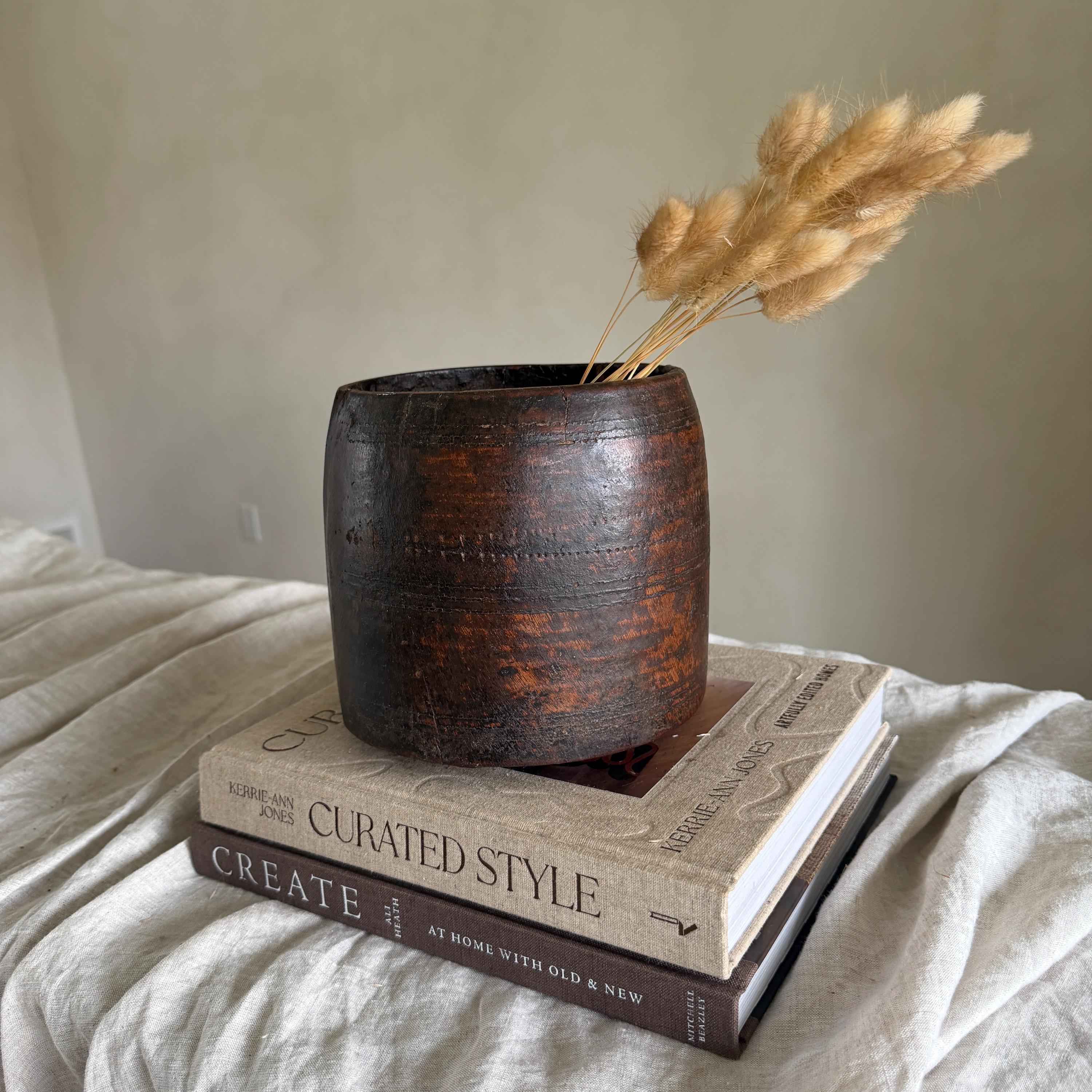 Vintage Wooden 6.2" Planter, Rustic Teak Pot, Antique Wooden Vase