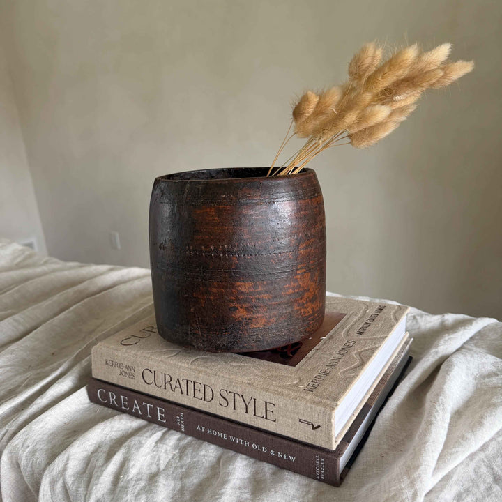 Vintage Wooden 6.2" Planter, Rustic Teak Pot, Antique Wooden Vase