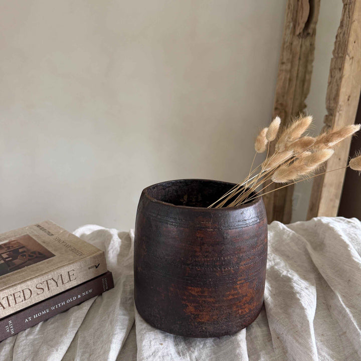 Vintage Wooden 6.2" Planter, Rustic Teak Pot, Antique Wooden Vase