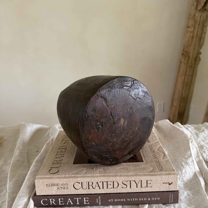 Vintage Wooden 6.2" Planter, Rustic Teak Pot, Antique Wooden Vase