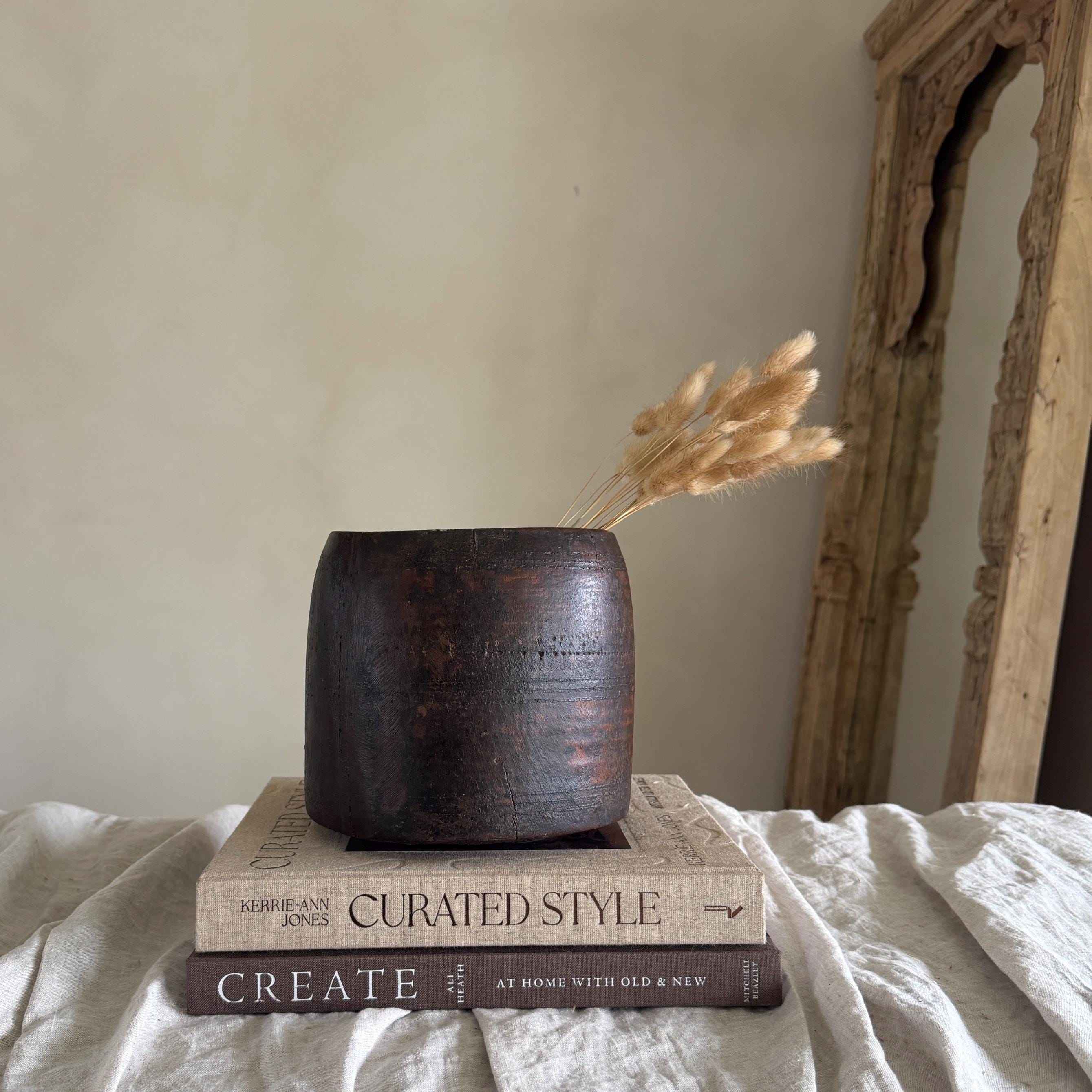 Vintage Wooden 6.2" Planter, Rustic Teak Pot, Antique Wooden Vase