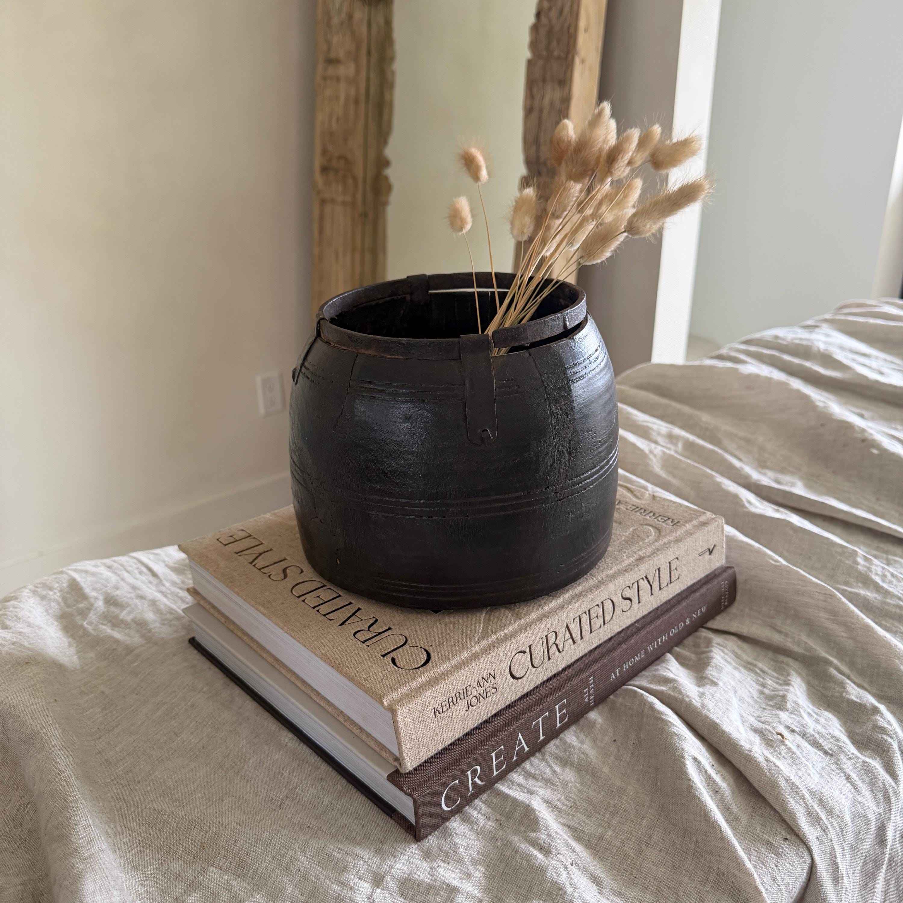 Vintage Wooden 6.2" Planter, Rustic Teak Pot, Antique Wooden Vase