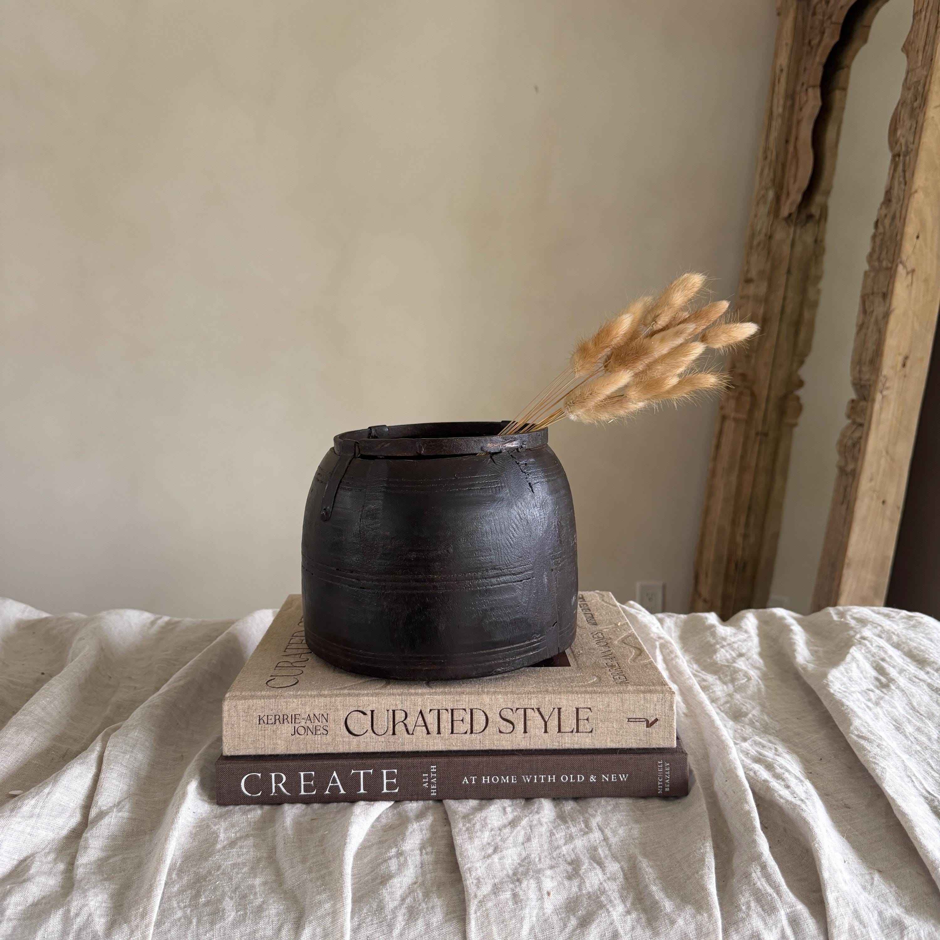 Vintage Wooden 6.2" Planter, Rustic Teak Pot, Antique Wooden Vase