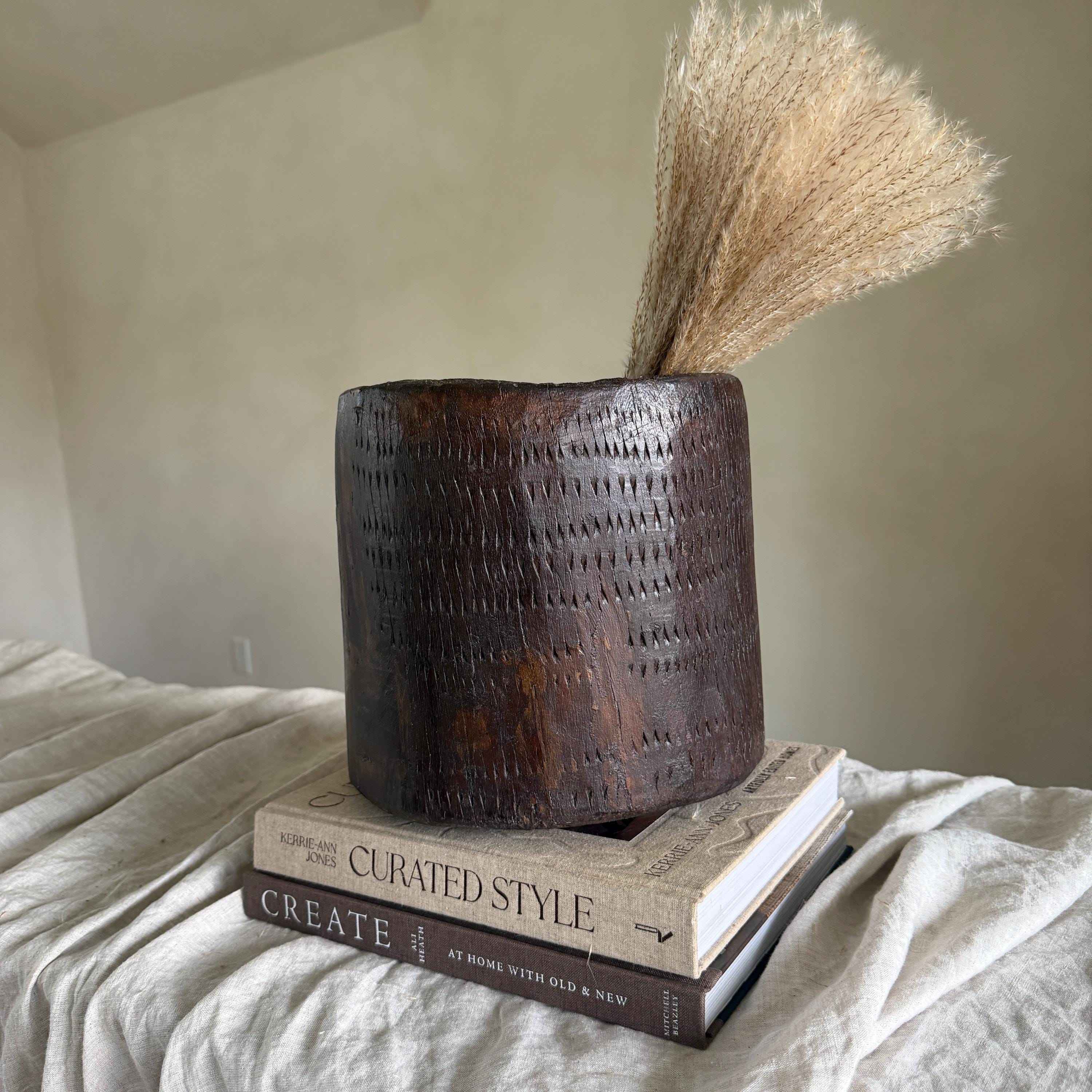 Vintage Wooden 9" Planter, Rustic Teak Pot, Antique Wooden Vase