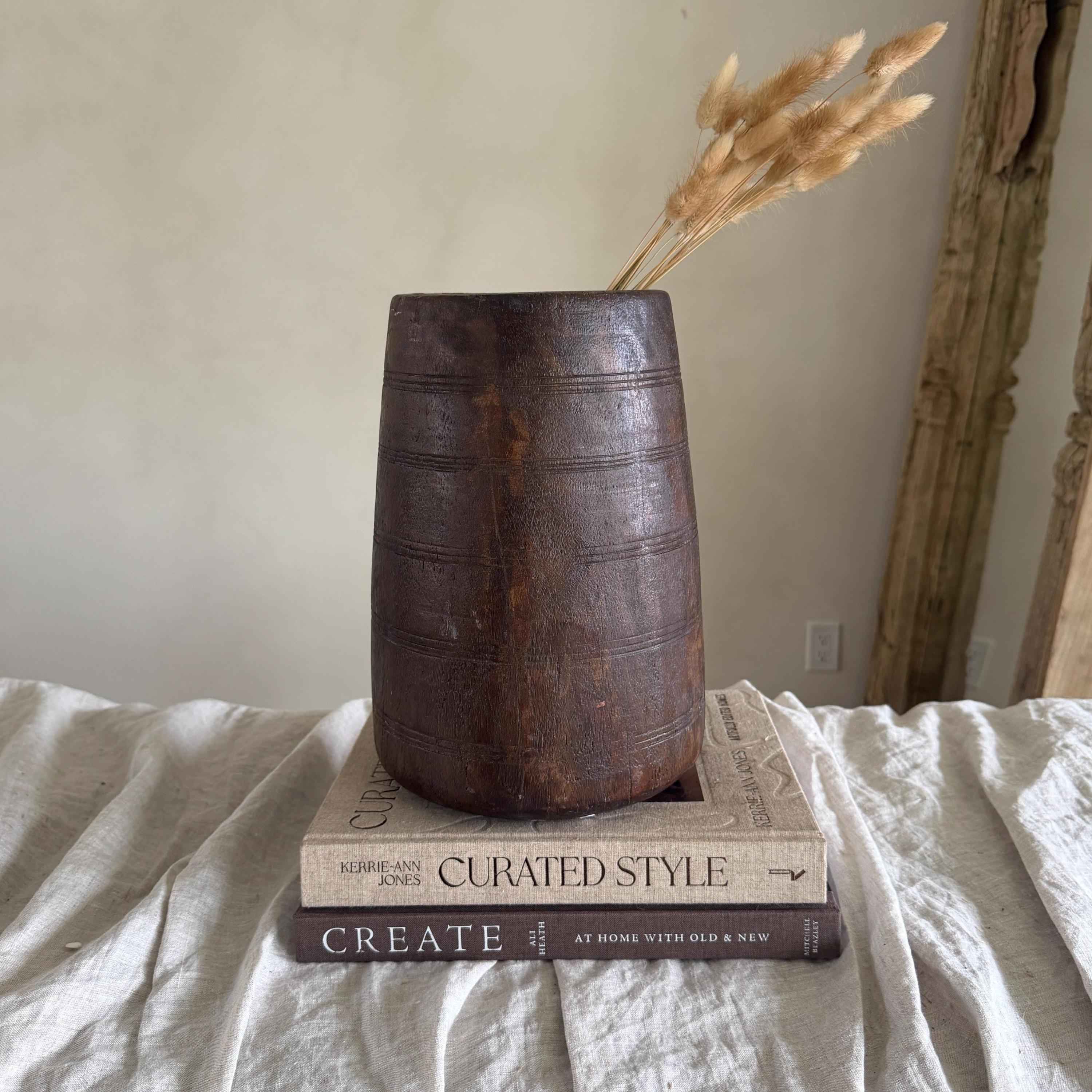 Vintage Wooden 11.5" Planter, Rustic Teak Pot, Antique Wooden Vase