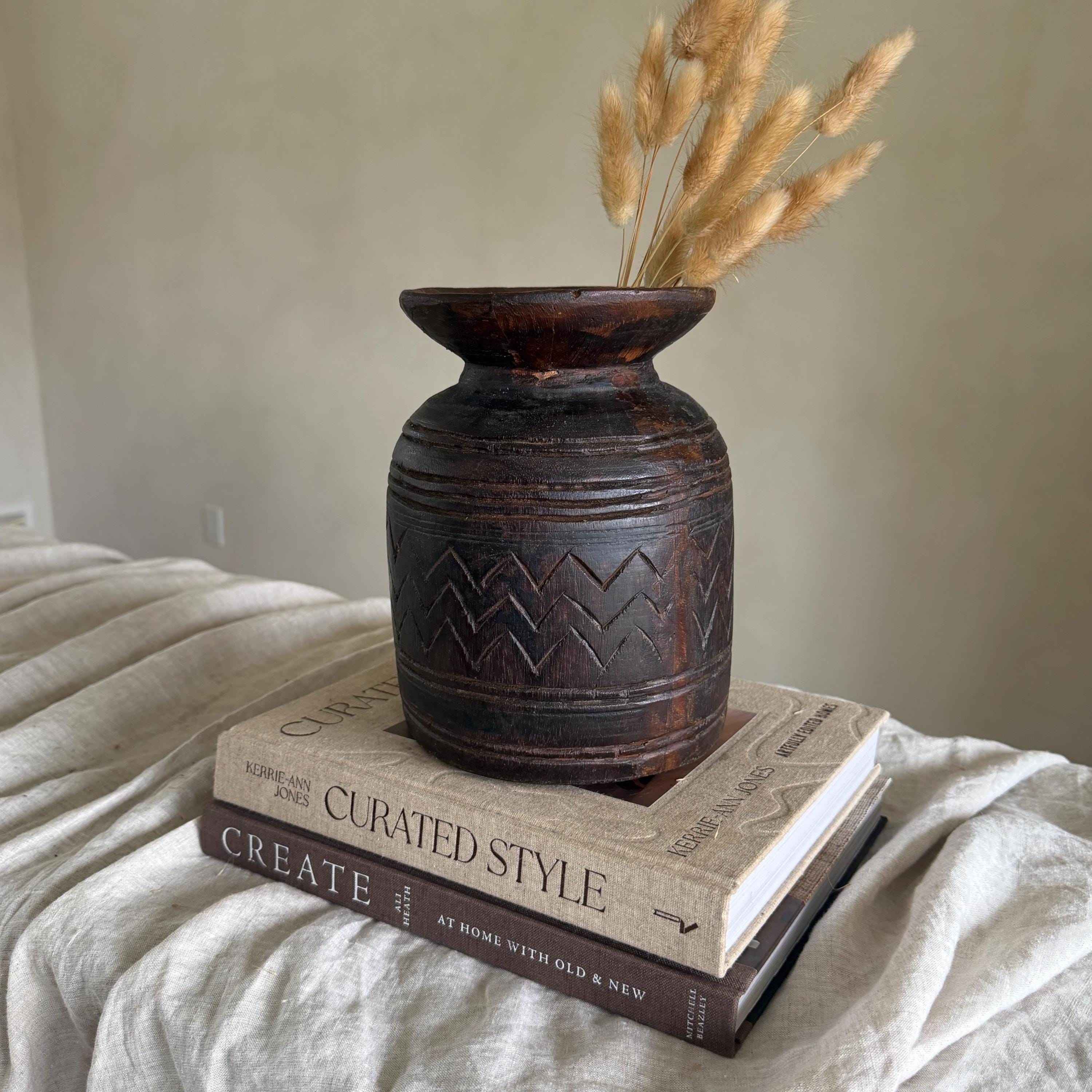 Vintage Wooden 9" Planter, Rustic Teak Pot, Antique Wooden Vase