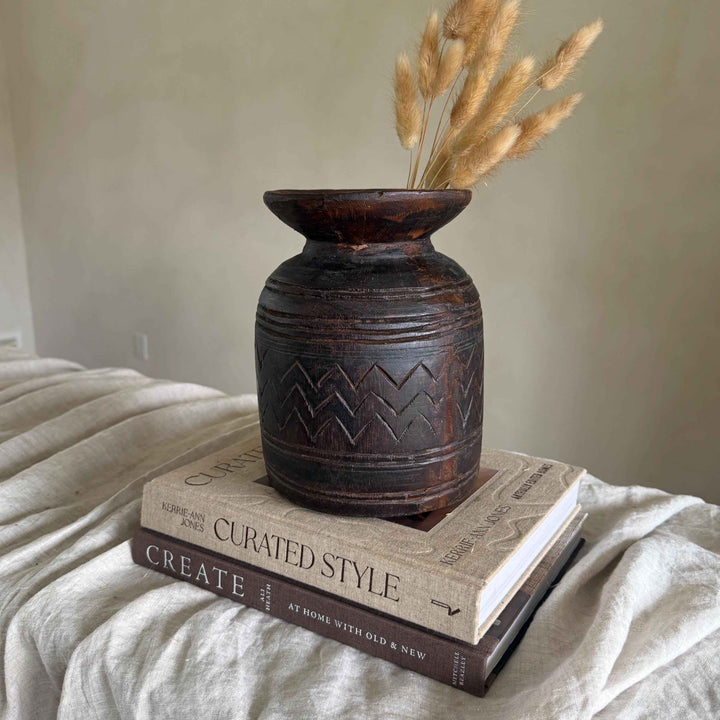 Vintage Wooden 9" Planter, Rustic Teak Pot, Antique Wooden Vase