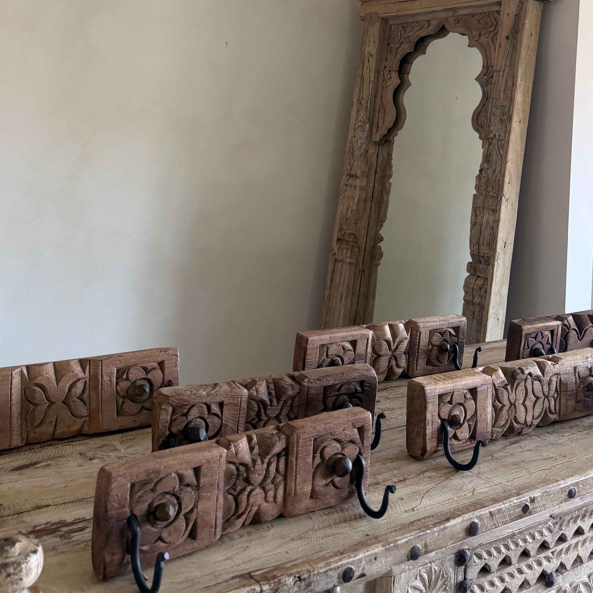 Vintage Hand Carved Wooden Wall Hook | Ornate Floral Panel