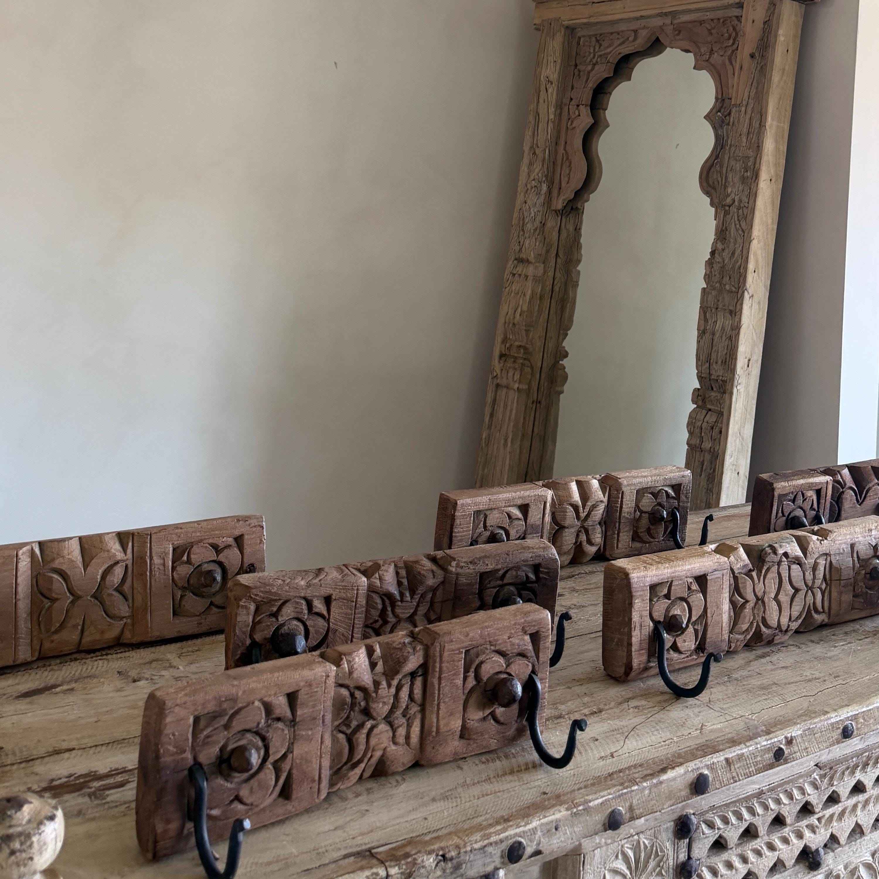 Vintage Hand Carved Wooden Wall Hook | Ornate Floral Panel