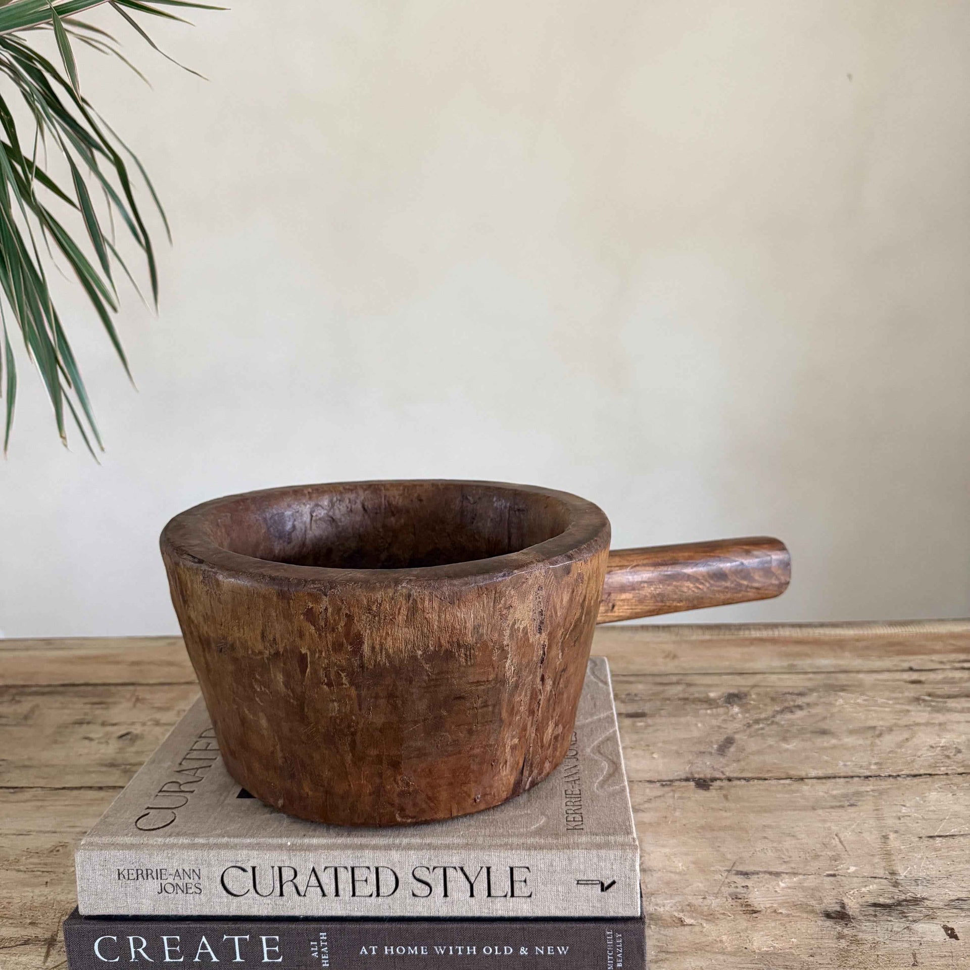 Antique Hand Carved Wooden Mortar | Vintage Rustic Grinder Bowl with Handle 18"