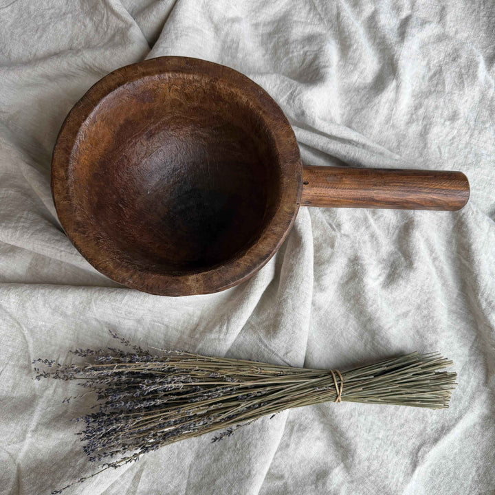 Antique Hand Carved Wooden Mortar | Vintage Rustic Grinder Bowl with Handle 18"