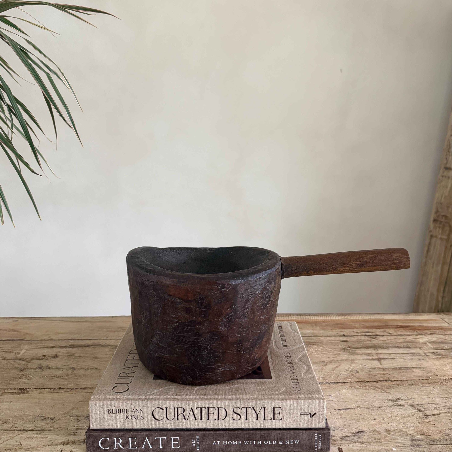 Antique Hand Carved Wooden Mortar | Vintage Rustic Grinder Bowl with Handle 15"