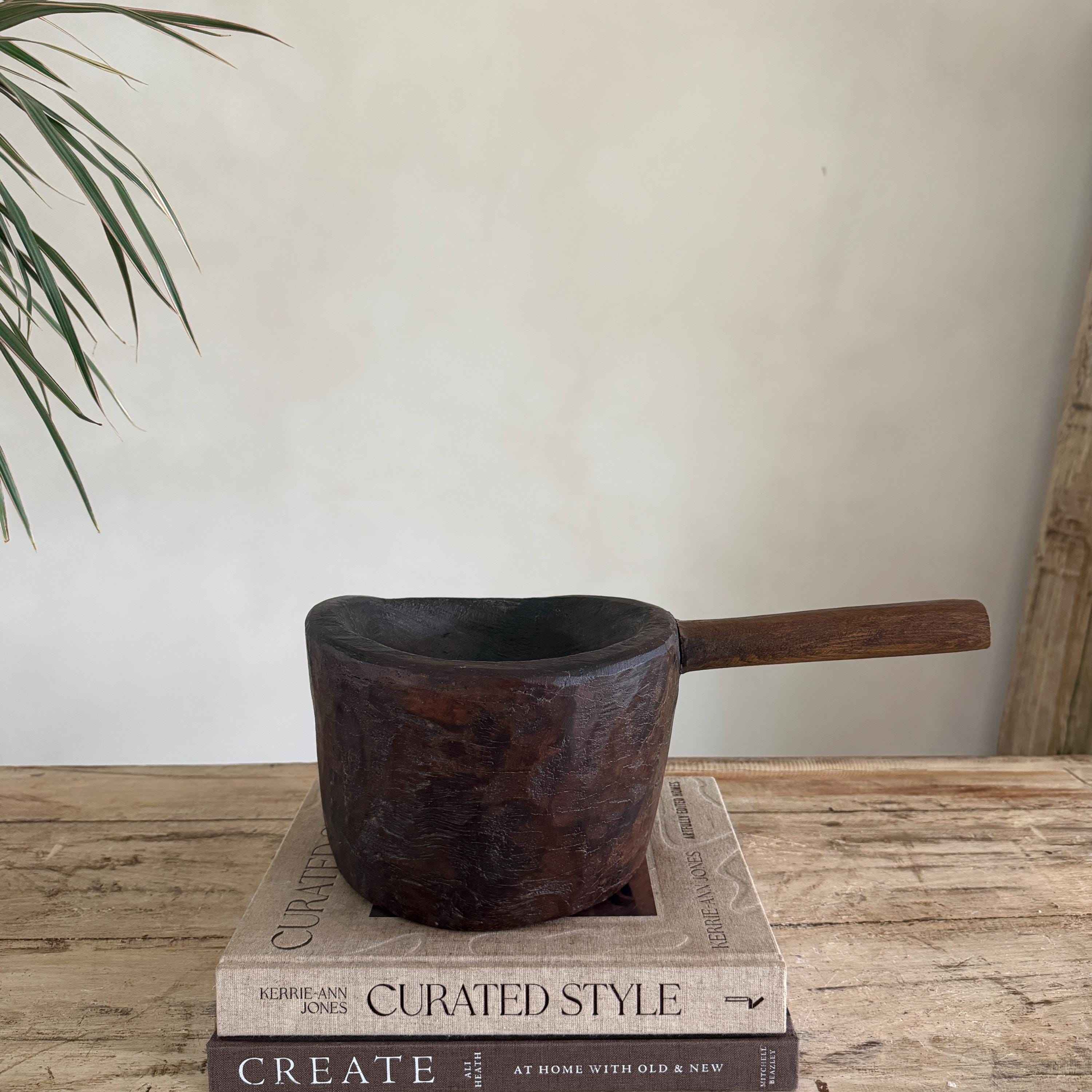 Antique Hand Carved Wooden Mortar | Vintage Rustic Grinder Bowl with Handle 15"