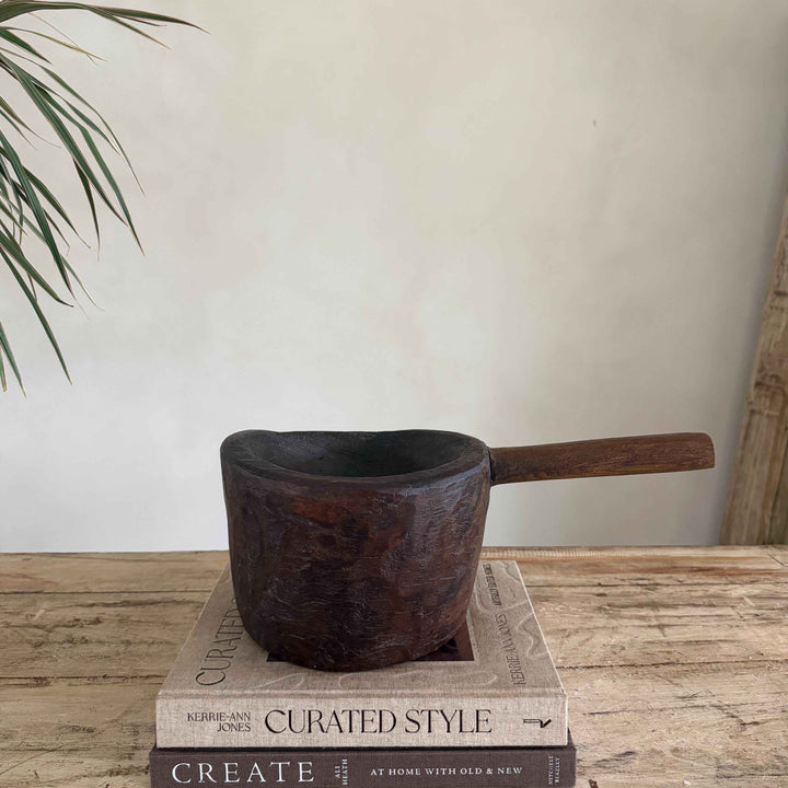 Antique Hand Carved Wooden Mortar | Vintage Rustic Grinder Bowl with Handle 15"