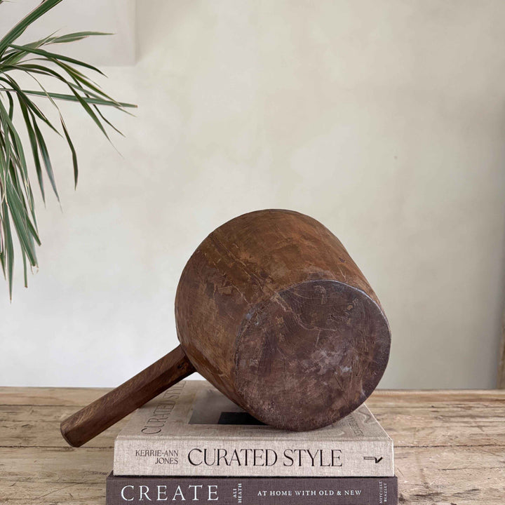 Antique Hand Carved Wooden Mortar | Vintage Rustic Grinder Bowl with Handle 16"
