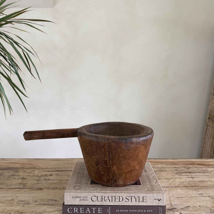 Antique Hand Carved Wooden Mortar | Vintage Rustic Grinder Bowl with Handle 16"