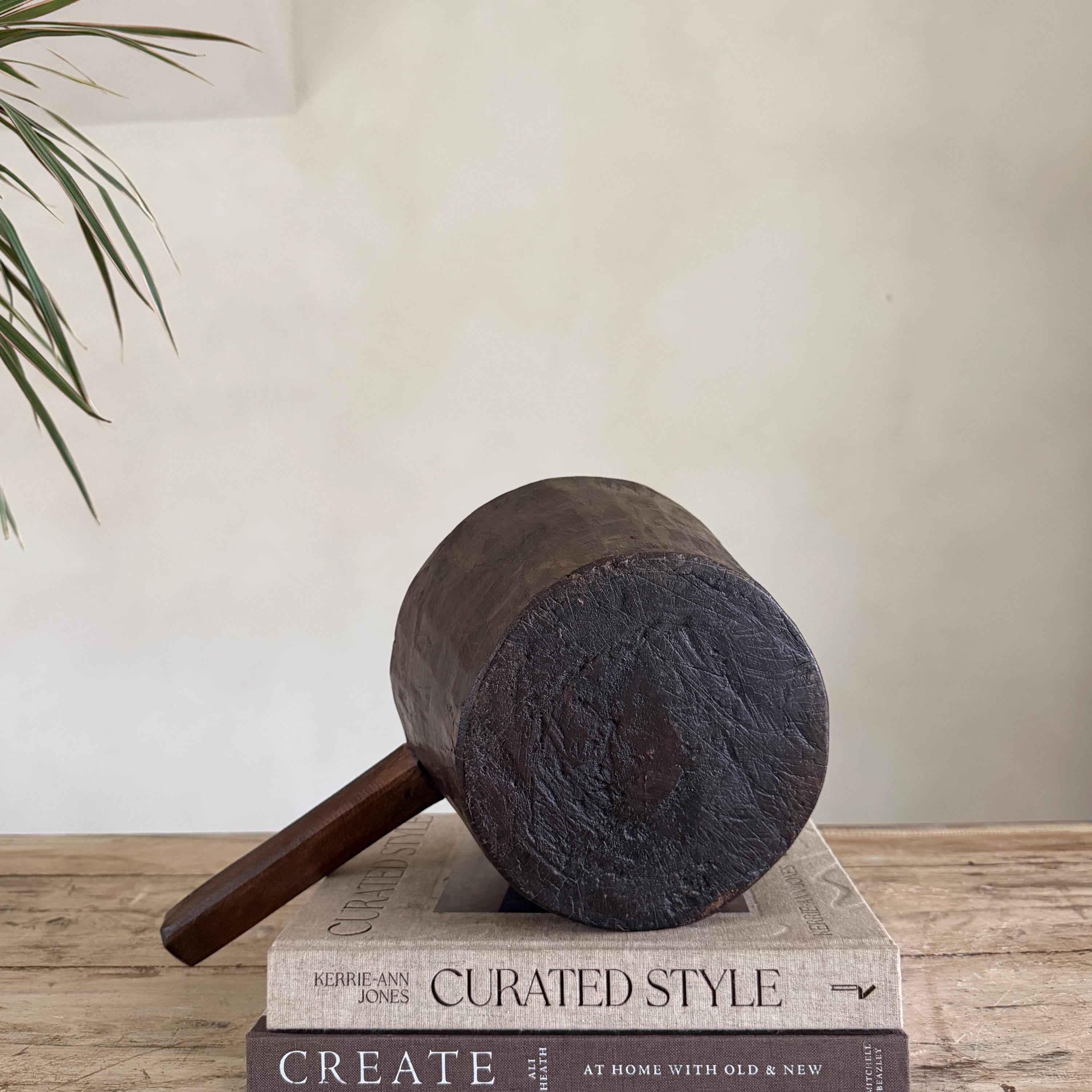 Antique Hand Carved Wooden Mortar | Vintage Rustic Grinder Bowl with Handle 14.7"