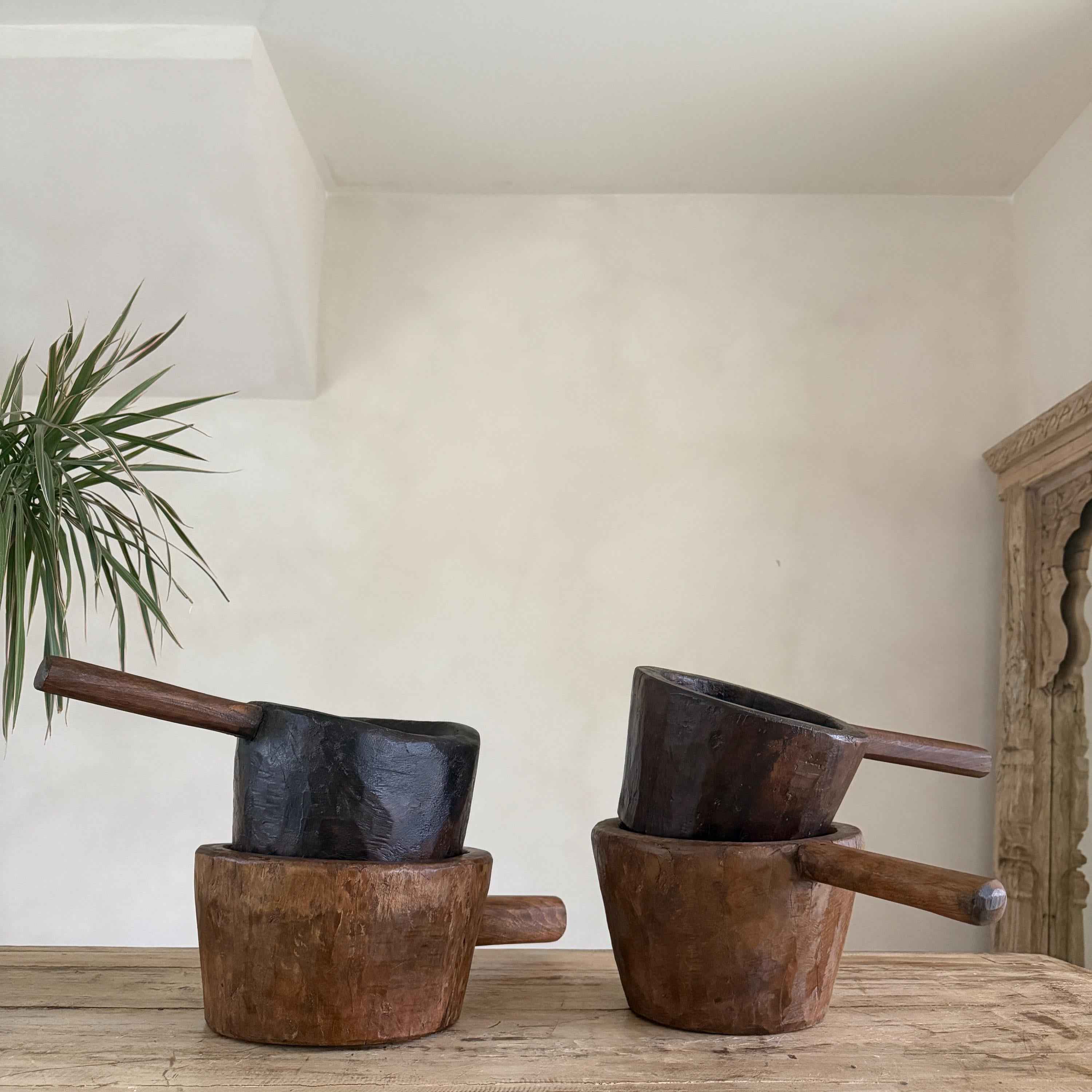 Antique Hand Carved Wooden Mortar | Vintage Rustic Grinder Bowl with Handle 14.7"