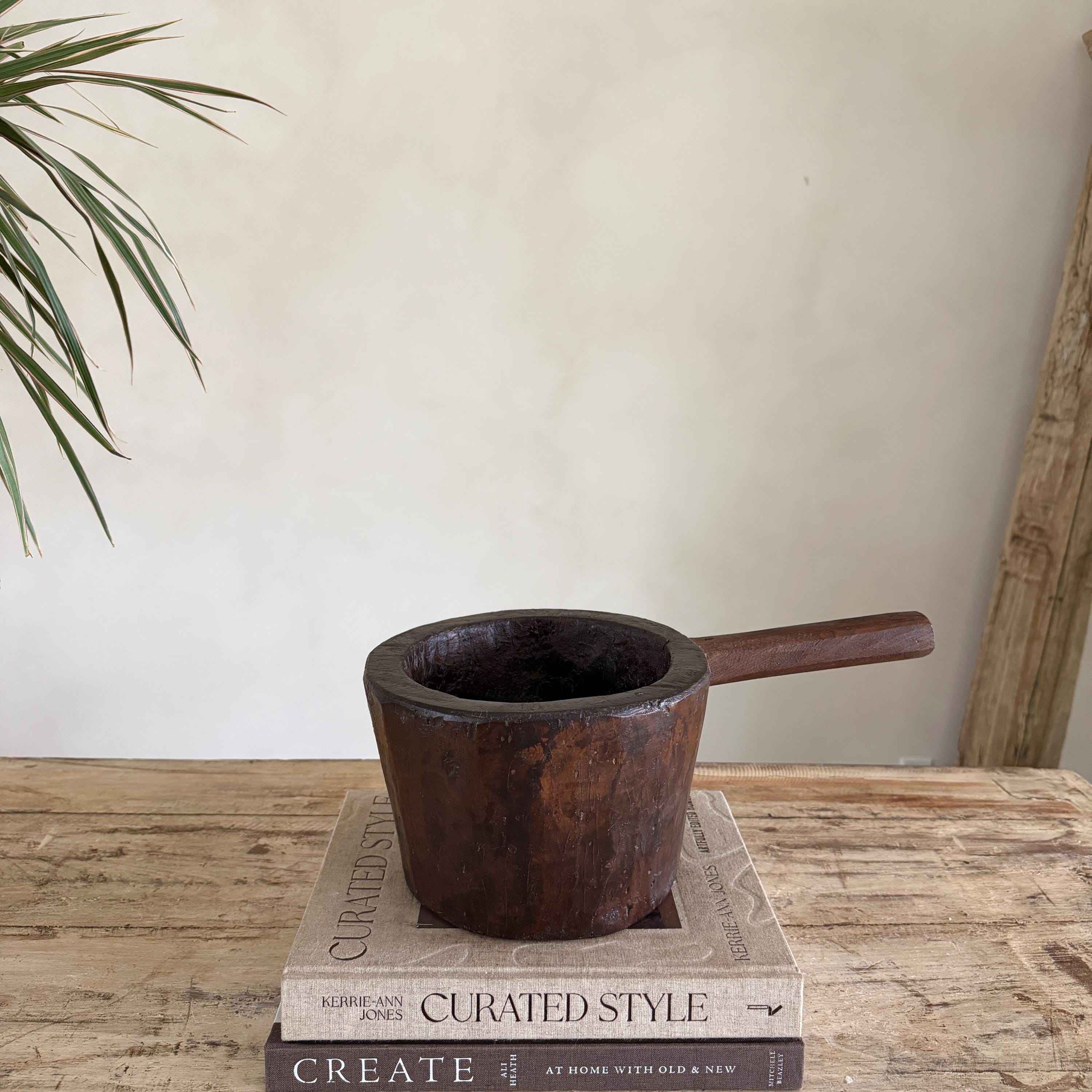 Antique Hand Carved Wooden Mortar | Vintage Rustic Grinder Bowl with Handle 14.7"