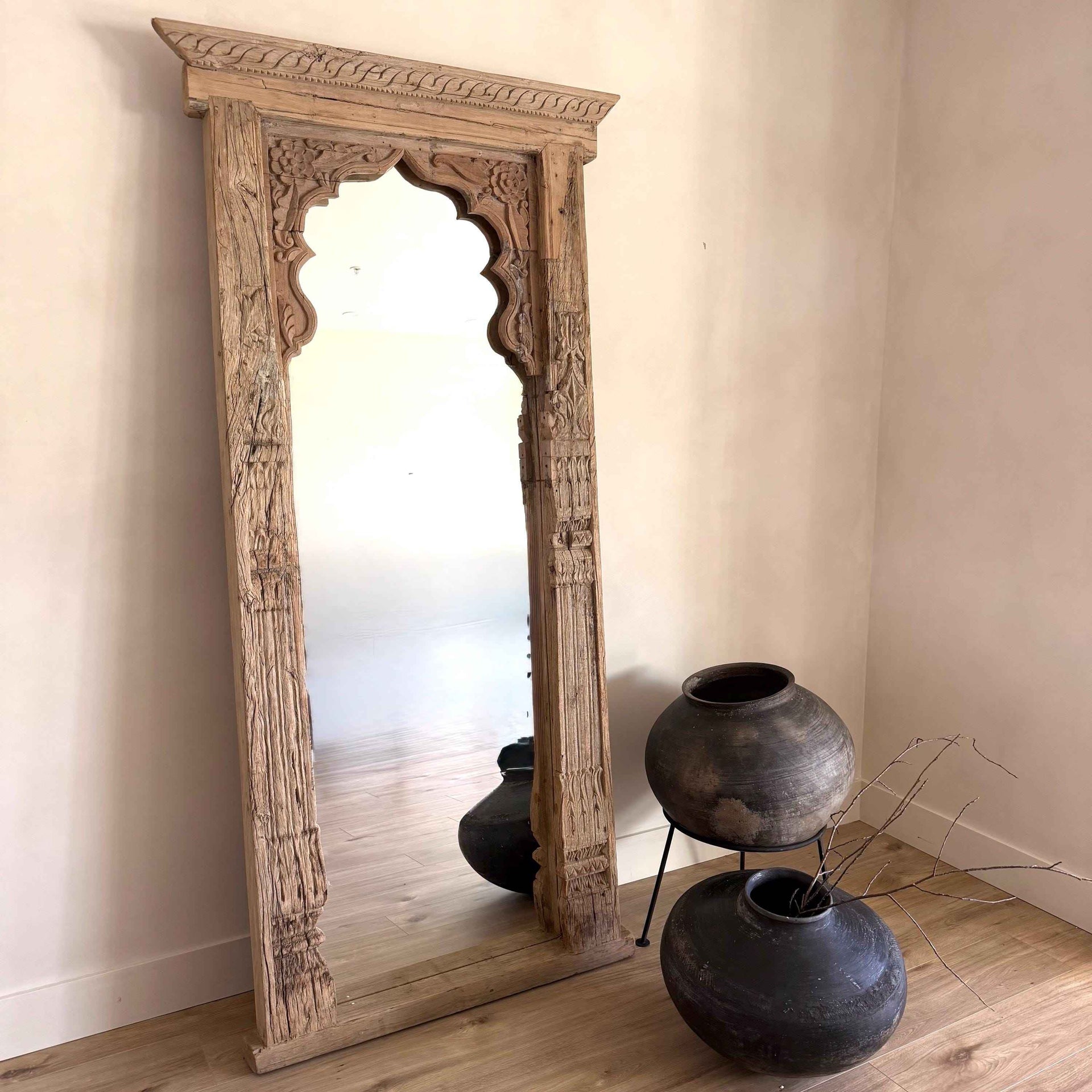 Vintage Bleached Jharokha Arc Floor Mirror | Full Length Standing Wall Mirror