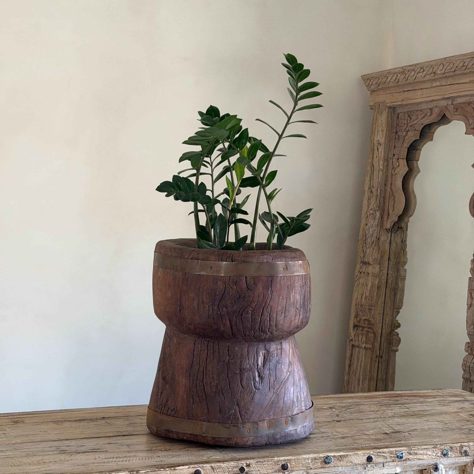 Antique Wooden Ukhali Planter 16" | Rustic Side Table