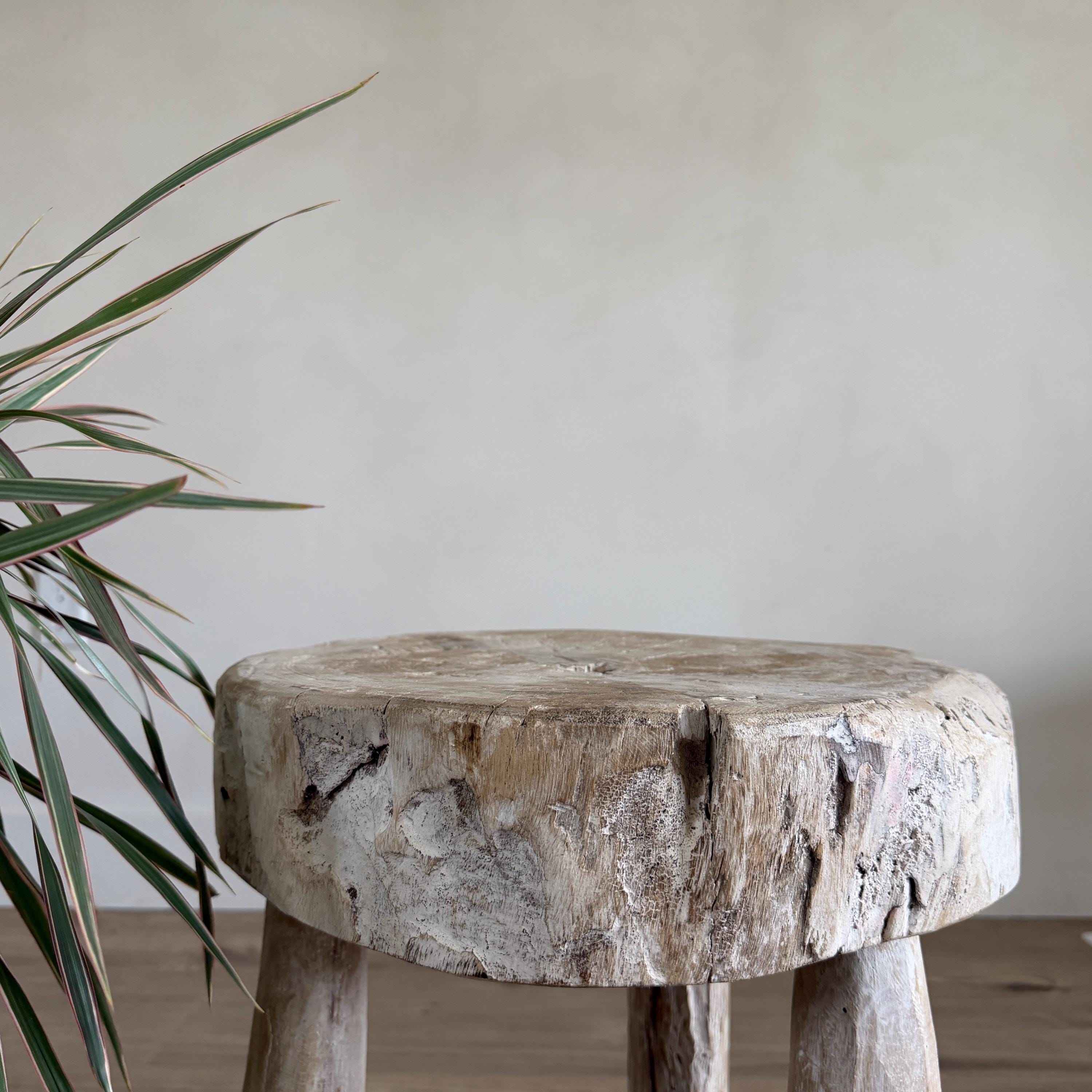 Vintage Wagon Bleached Wheel Stool | Reclaimed Wood Side Table | Rustic Farmhouse End Table