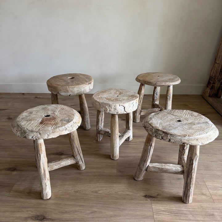 Vintage Wagon Bleached Wheel Stool | Reclaimed Wood Side Table | Rustic Farmhouse End Table
