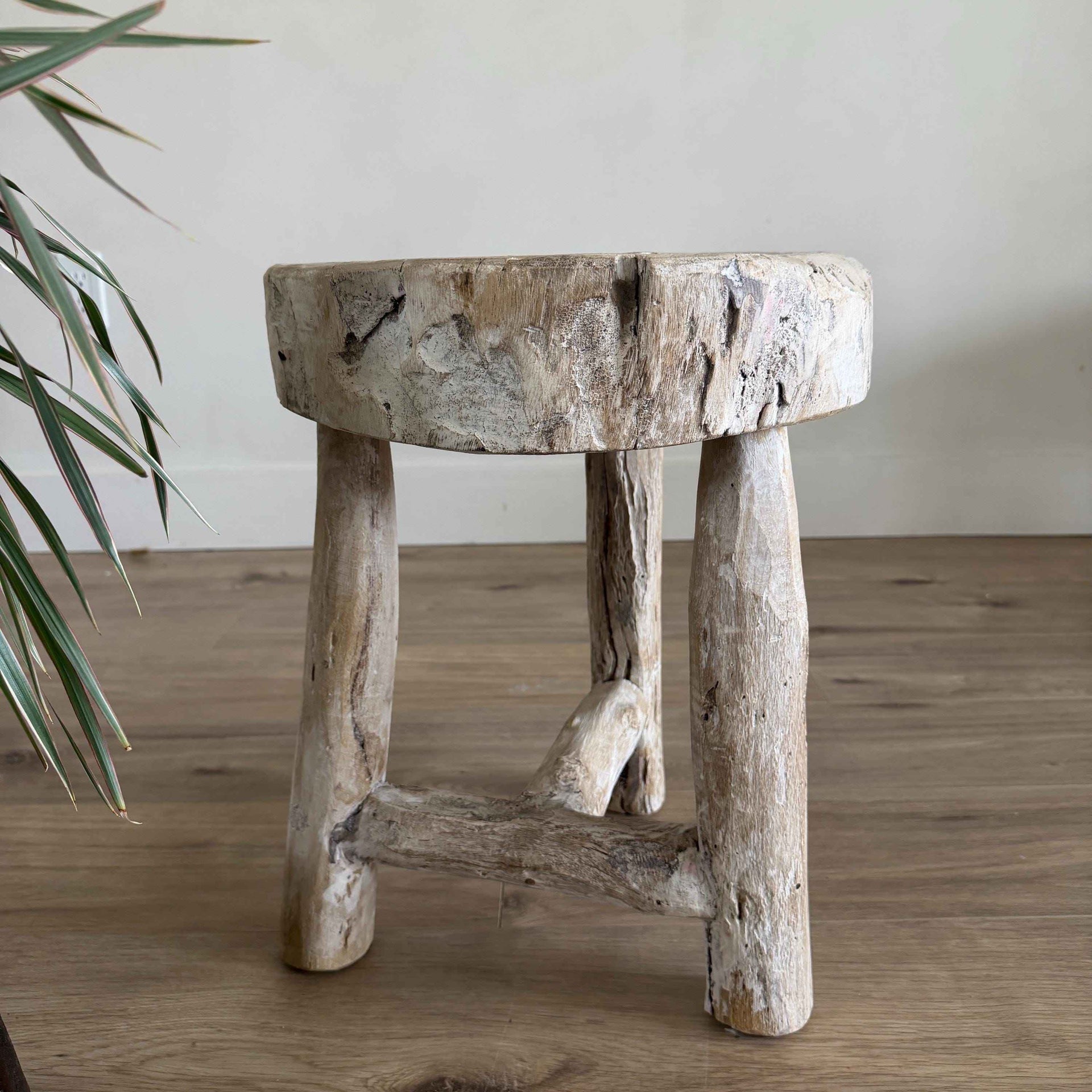 Vintage Wagon Bleached Wheel Stool | Reclaimed Wood Side Table | Rustic Farmhouse End Table