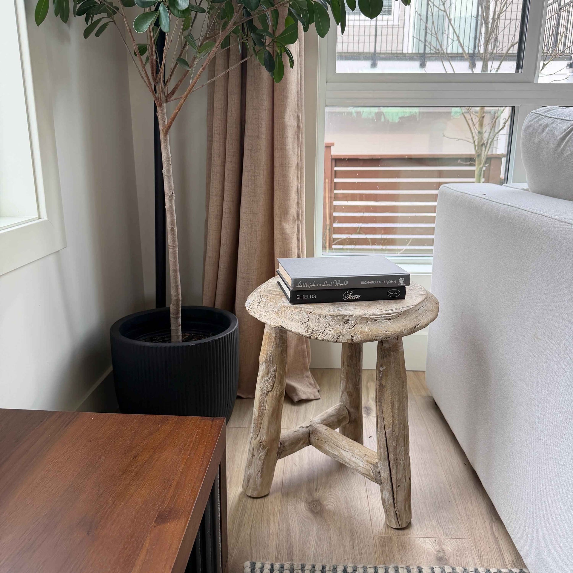 Vintage Wagon Bleached Wheel Stool | Reclaimed Wood Side Table | Rustic Farmhouse End Table