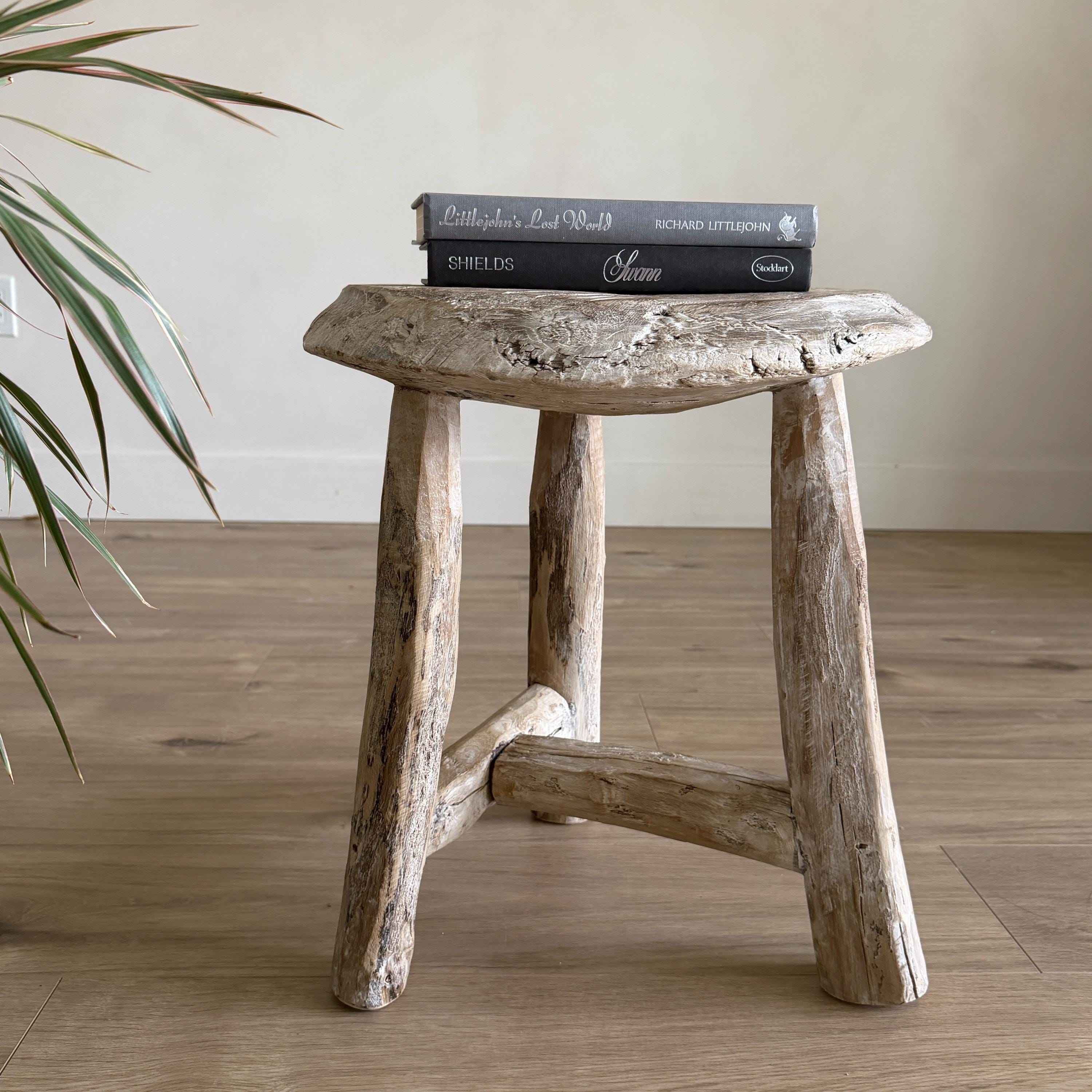 Vintage Wagon Bleached Wheel Stool | Reclaimed Wood Side Table | Rustic Farmhouse End Table