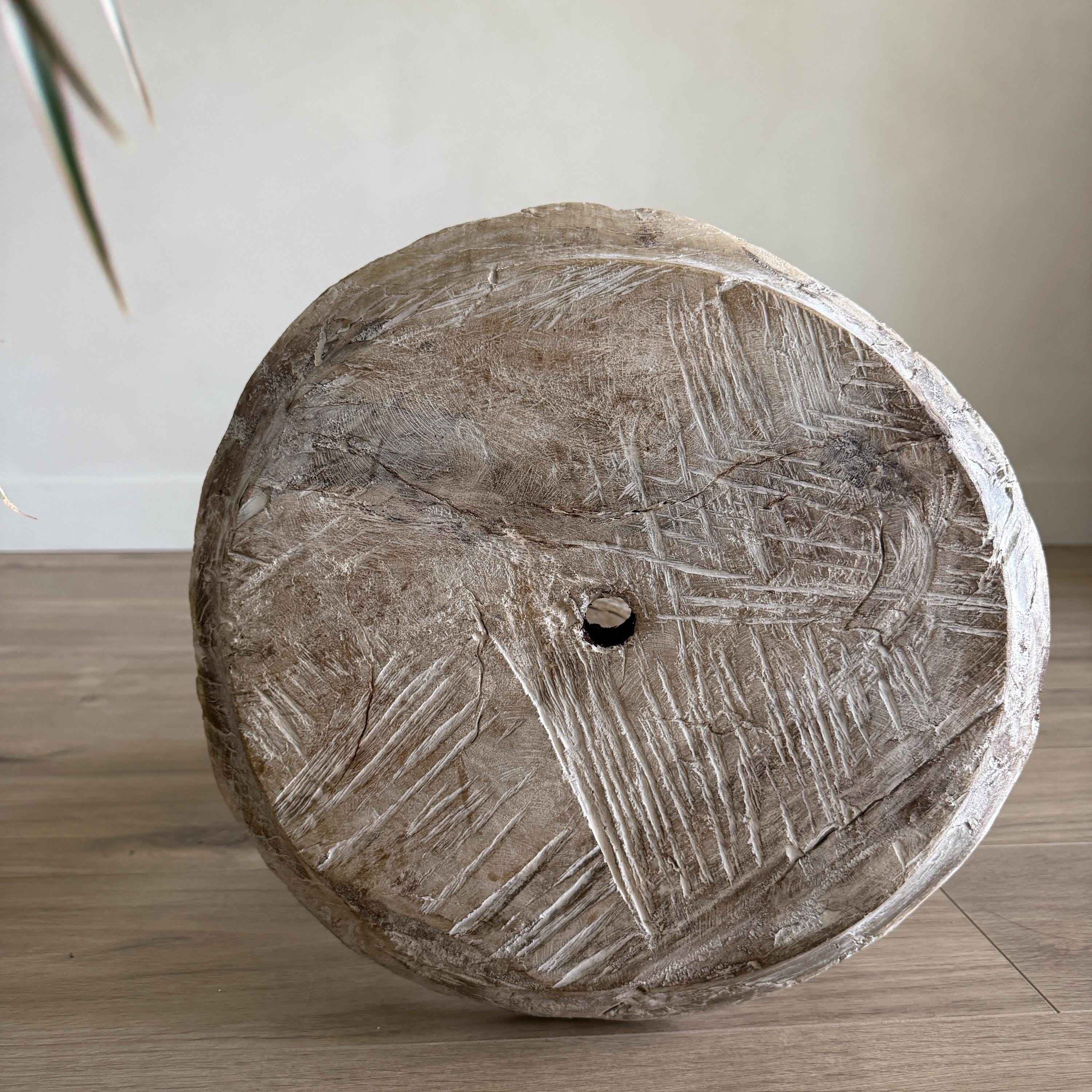 Vintage Wagon Bleached Wheel Stool | Reclaimed Wood Side Table | Rustic Farmhouse End Table