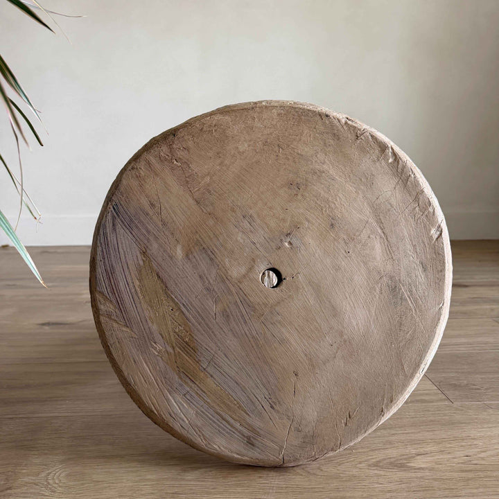 Vintage Wagon Bleached Wheel Stool | Reclaimed Wood Side Table | Rustic Farmhouse End Table