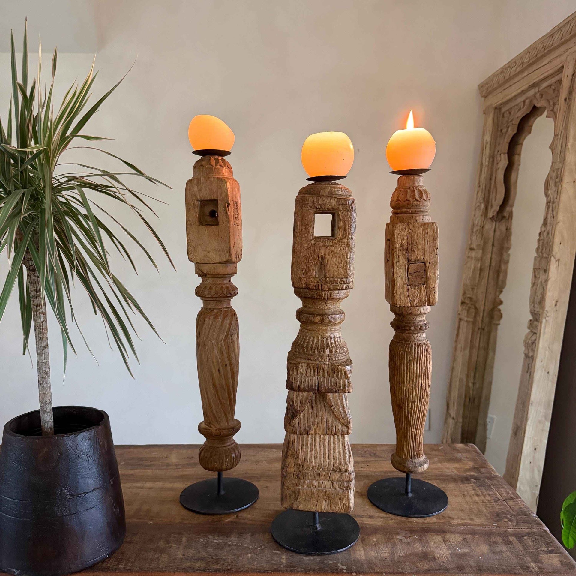 Vintage Carved Teak Wood Candle Stick Holder | Wabi Sabi Wooden Decor