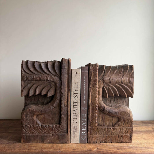 Vintage Wooden Hand Carved Bookends | Antique Corbel Pair
