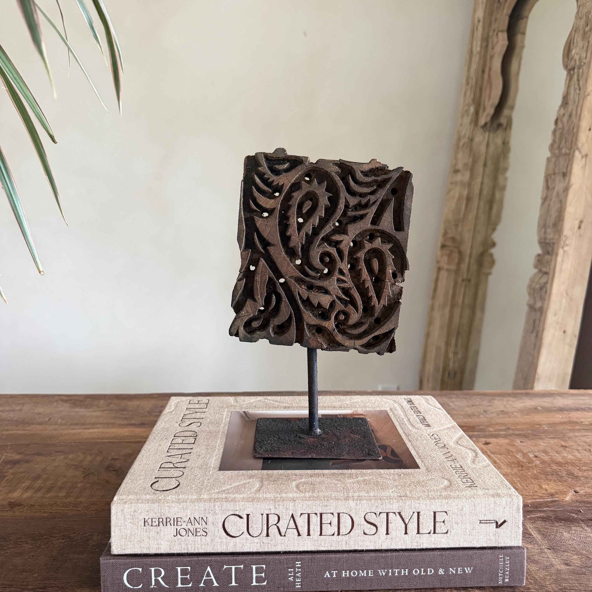 Vintage Wooden Printing Stamp on Iron Stand, Fabric/Textile Print Tool