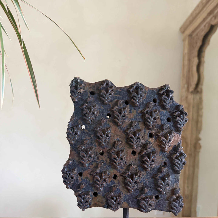 Vintage Wooden Printing Stamp on Iron Stand, Fabric/Textile Print Tool