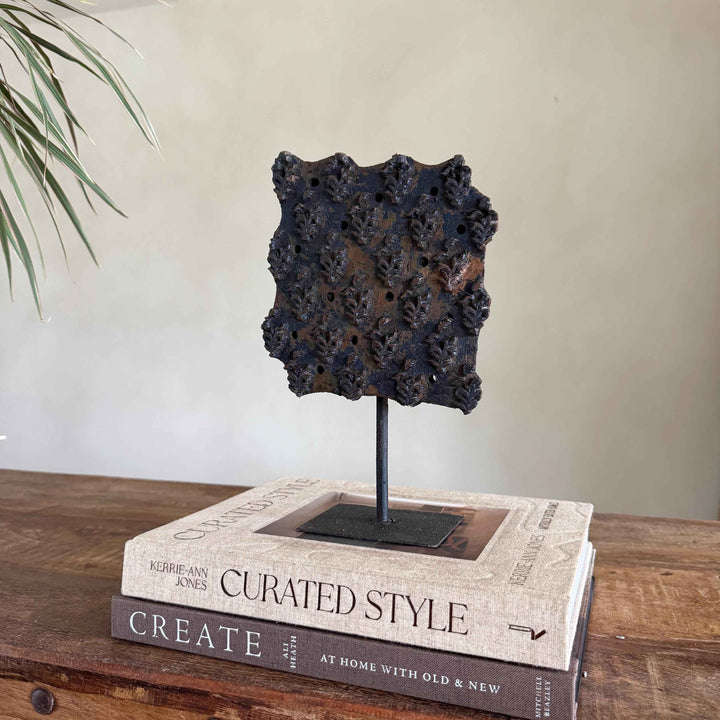 Vintage Wooden Printing Stamp on Iron Stand, Fabric/Textile Print Tool