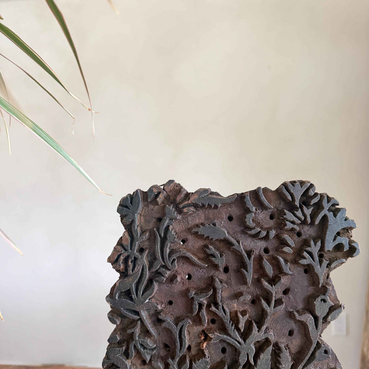 Vintage Wooden Printing Stamp on Iron Stand, Fabric/Textile Print Tool