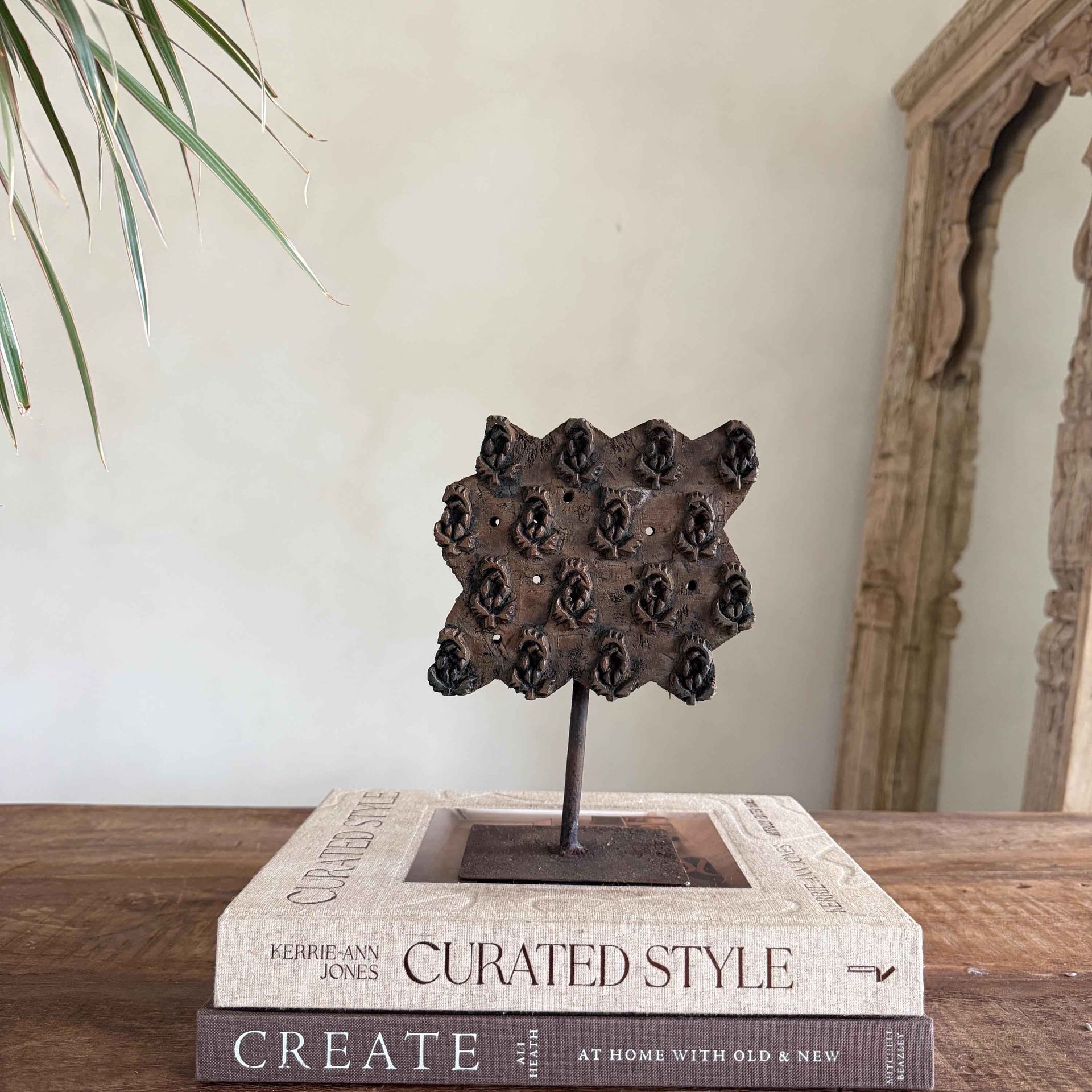 Vintage Teak Wood Textile Block Stamp on Stand